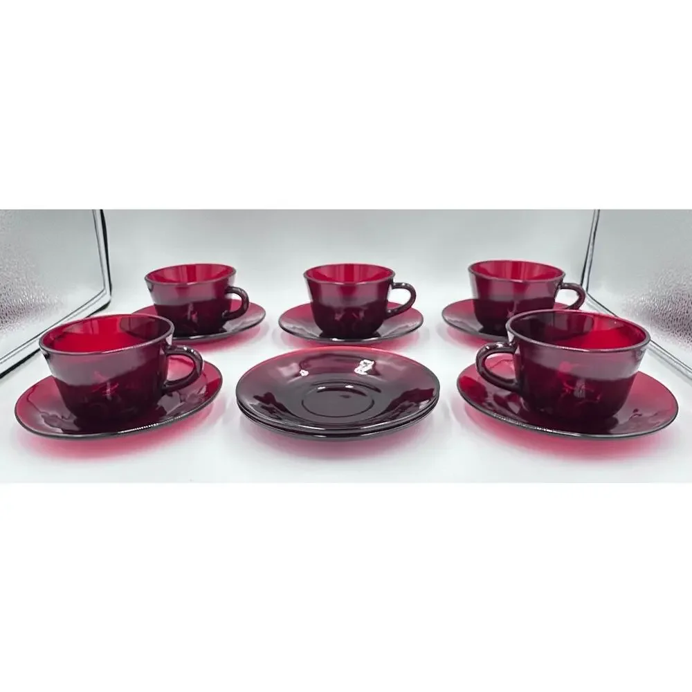 1930's Royal Ruby by ANCHOR HOCKING Cup & Saucer 12pc Set